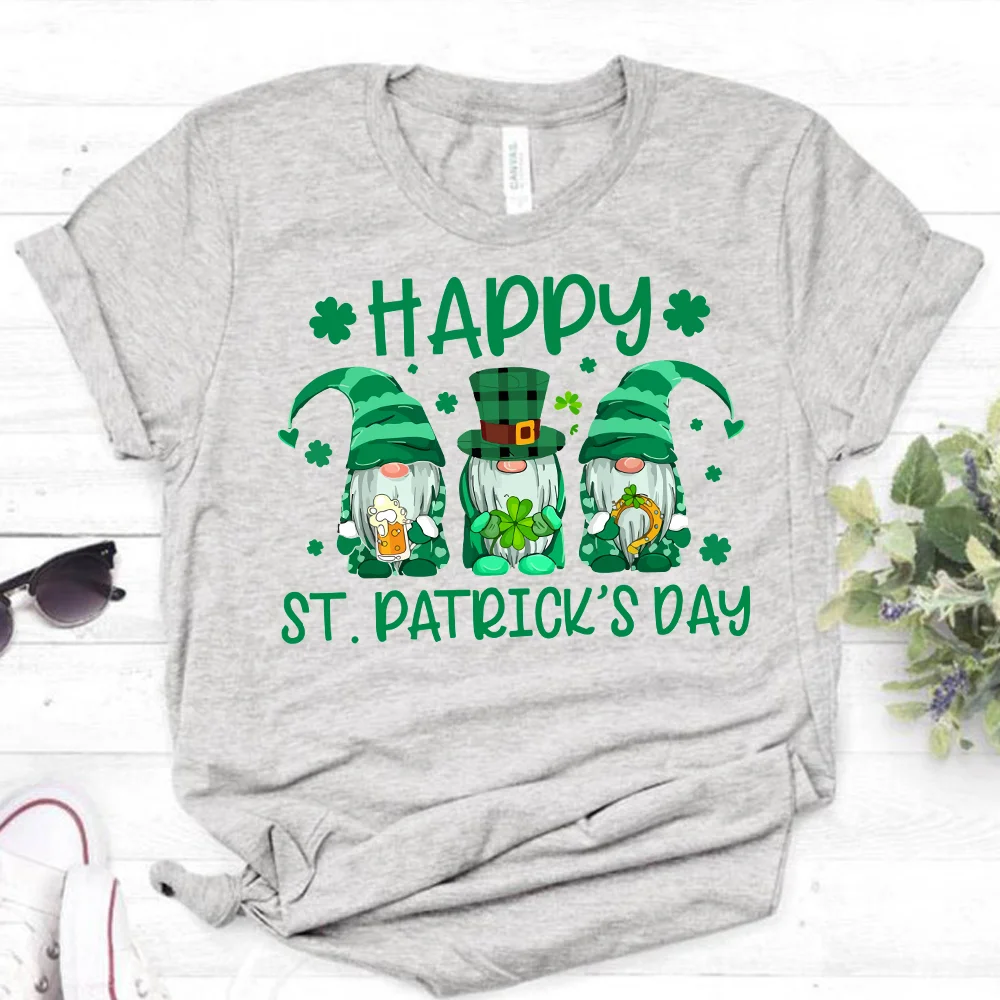 

Three Gnomes Holding Shamrock Leopard Plaid St Patrick's Day T-Shirt Irish Gift Clover Graphic Tee St. Patricks Day Gift