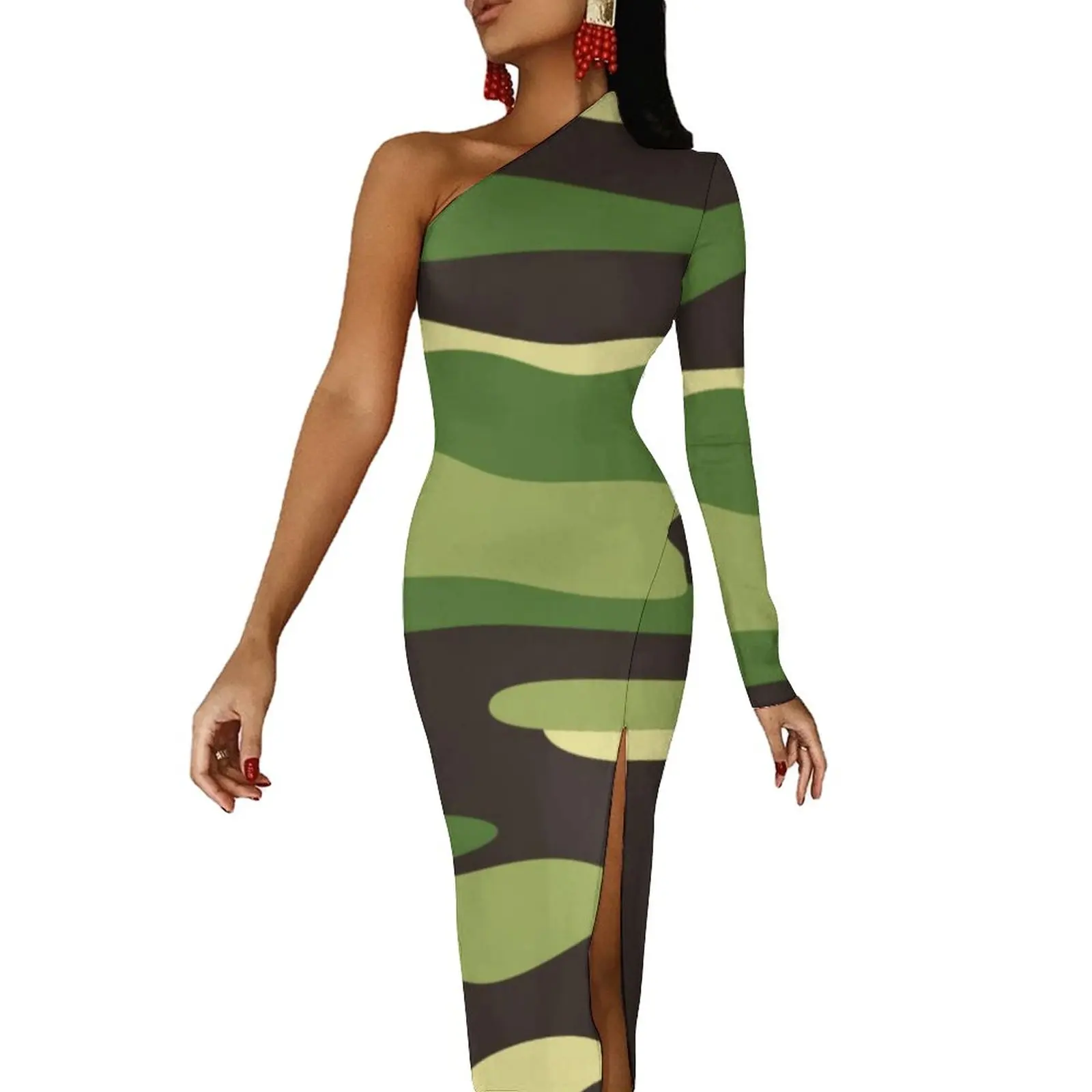 

Army Camo Print Long Dress Women Forest Multicam Party Maxi Dress One Shoulder Elegant Bodycon Dresses High Slit Graphic Vestido
