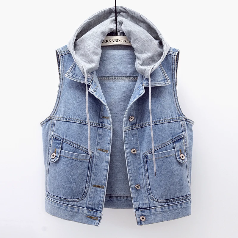 

Spring Summer Hooded Big Pocket Denim Vest Women Slim Short Cowboy Waistcoat Vintage Blue Student Sleeveless Jeans Vest Female