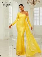 missord sequin one shoulder draped maxi formal dress women summer elegant wedding party long sleeve fashion evening yellow 2022