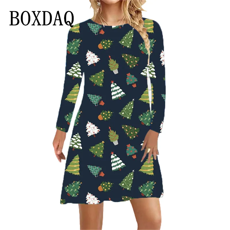 Рождественская елка Платье с принтом Женская новогодняя вечеринка Мини платье