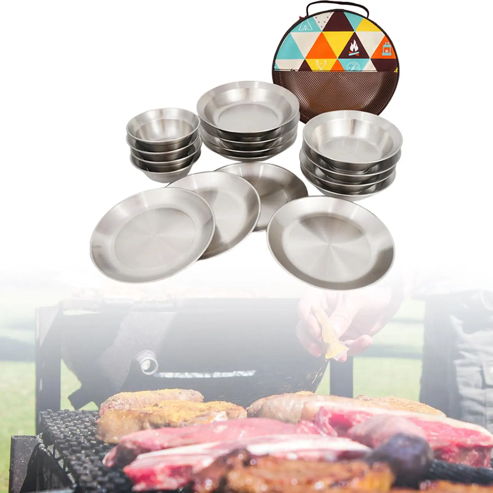 

16 Pieces/Set Camping Cookware Set Lightweight Portable Outdoor Cutlery with Storage Bag Dish Plate Bowl for BBQ Short Trips