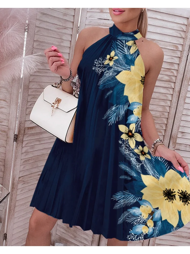 

2023 Boho Summer Dresses For Women Abstract Print Sleeveless Pleated Dress Y2k Vestidos De Mujer Casual Mini Dress Free Shipping