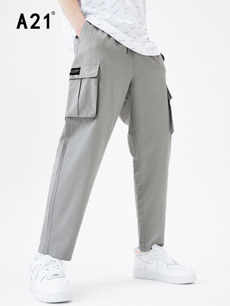 

A21 Men Fashion Trendy Taper Cargo Pants for Summer 2022 New Casual Letter Printed Sweatpants Male's Vintage Drawstring Trousers