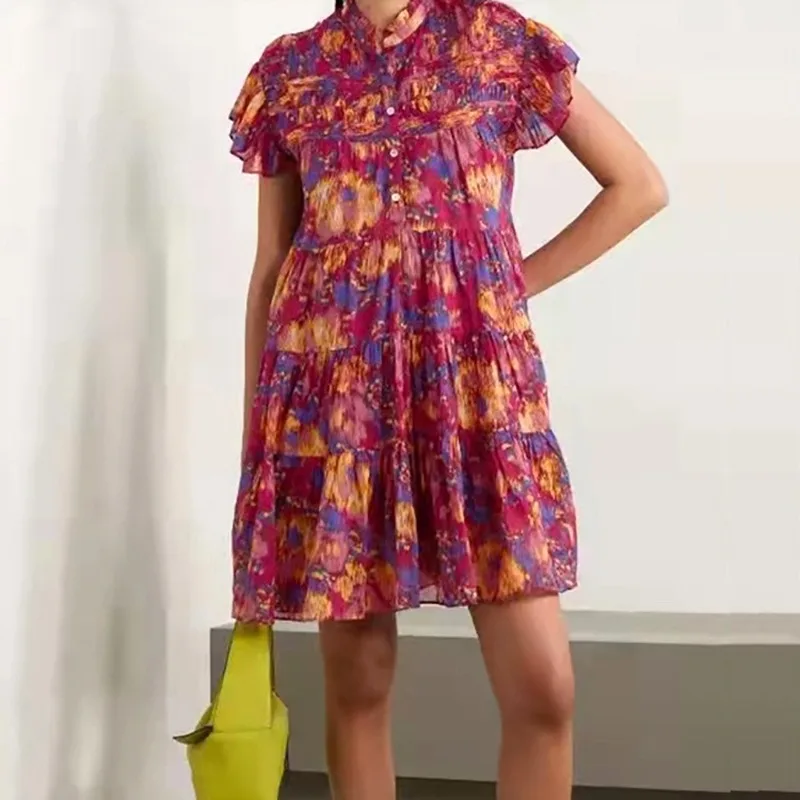 

Colorful Printed Women's Stand Collar Ruffle Mini Dress Ladies Fashion Pleated Irregular Short Robe 2022 Summer Women's Clothing