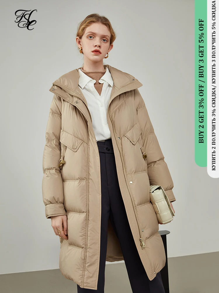 

FSLE Women's Winter Stand-up Collar Casual Horn Button Down Jacket Black Mid-length Warm Jacket Khaki Straight Down Coats