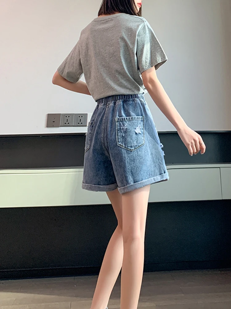 New Summer Women Wide Leg Elastic Waist Lace Up Blue Denim Shorts Streetwear Female Straight Jeans Shorts Bottoms
