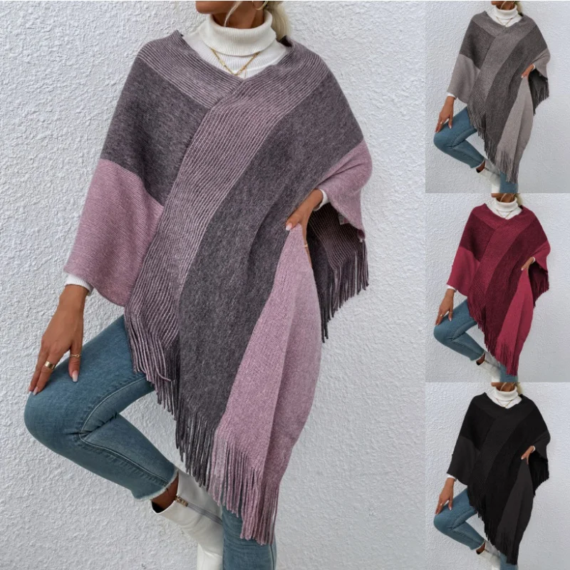 European and American New Striped Contrast Color Tassel Shawl Sweater Cloak