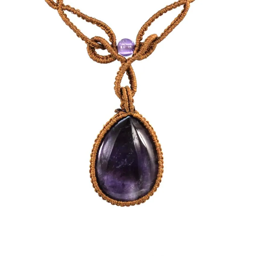 Женская плетеная цепочка-ожерелье KFT с подвеской из натурального розового кварца, аметиста, капли воды, ручная работа, нить, веревка, обернутая макраме