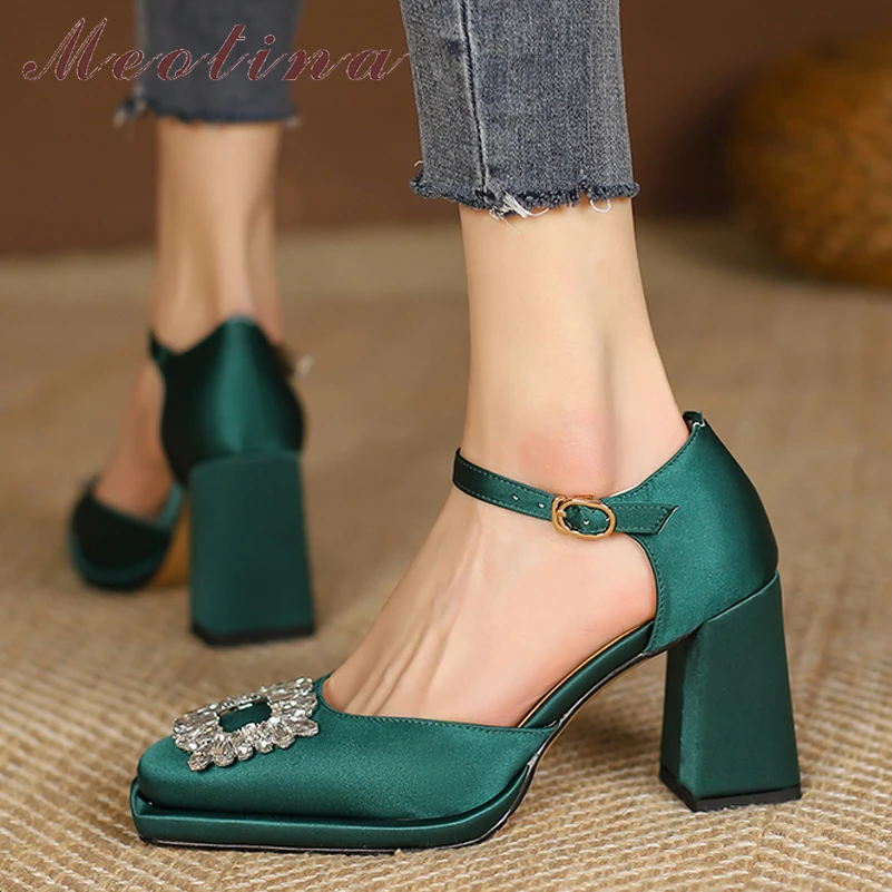 Meotina Women Ankle Strap Shoes Genuine Leather Thick Heels Pumps Crystal Super High Heel Buckle Lady Footwear Spring Champagne