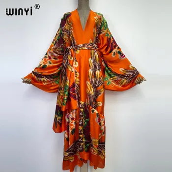 2022 WINYI Middle East Daily prom dress Positioning printing Self Belted Women Summer Clothing Kimono Dress Beach Wear Cover Up 1