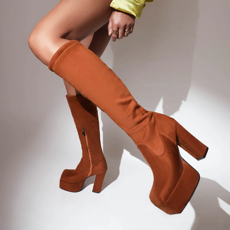 

Elastic Stretch Thigh High Boots Women Shoes Thick Sole High Heels Over The Knee Boots Ladies Sexy Brown Flock Overknee Boot 45