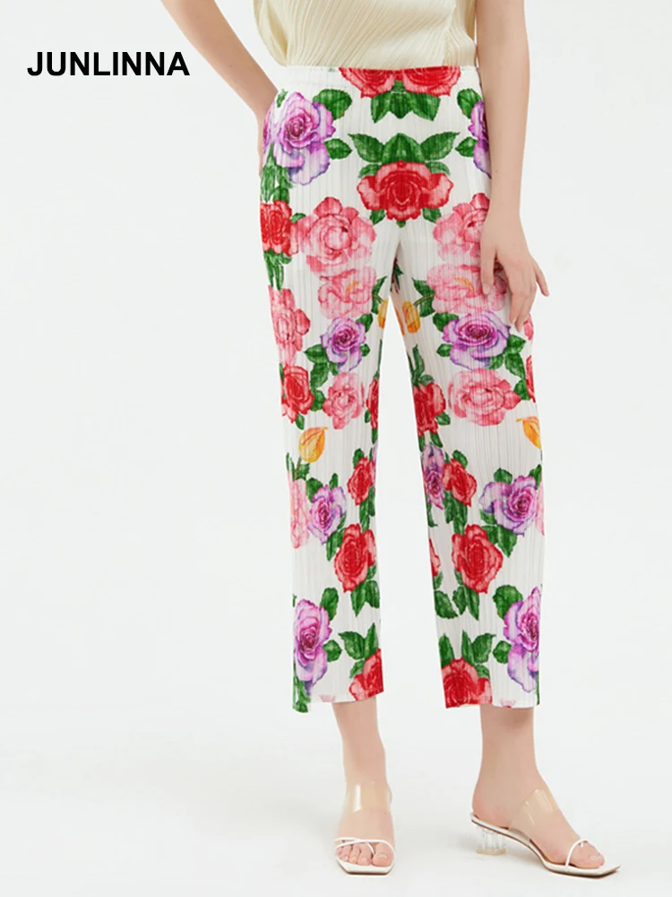 

JUNLINNA Designer Pleated Women Pants One Free Size Flower Printed Summer Casual Trousers Straight Sliming