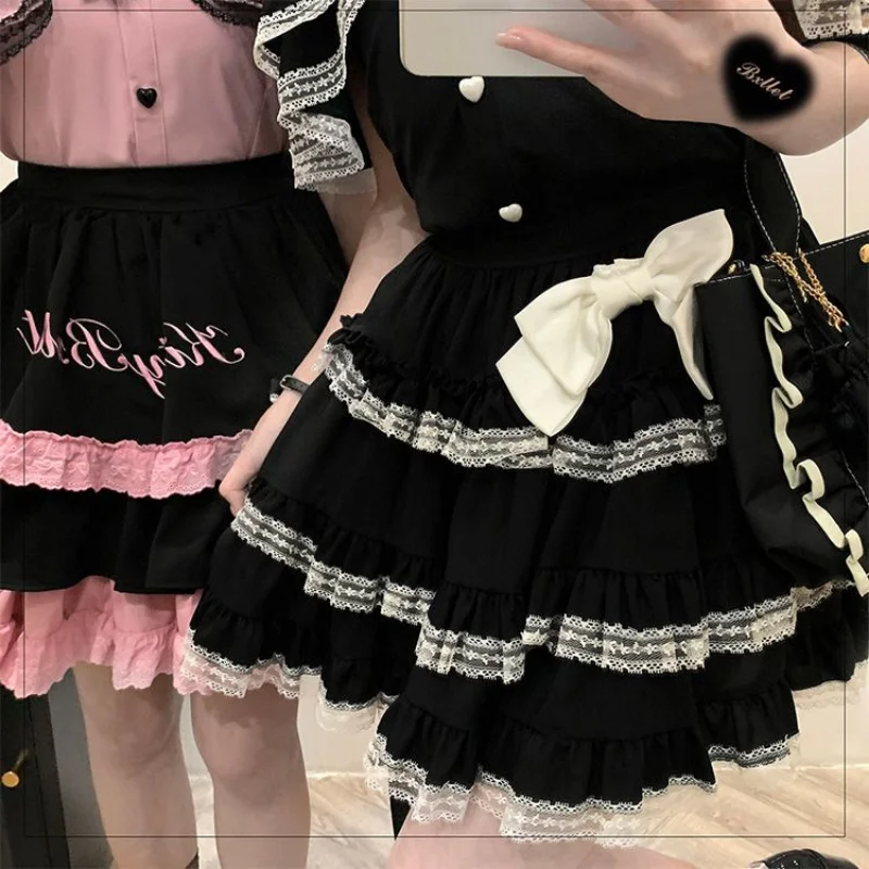 

Women Black Harajuku Kawaii Y2k Mini Skirts Bow Above Knee Lolita Summer Japan Style Lace Patchwork High Waist Cake Skirt