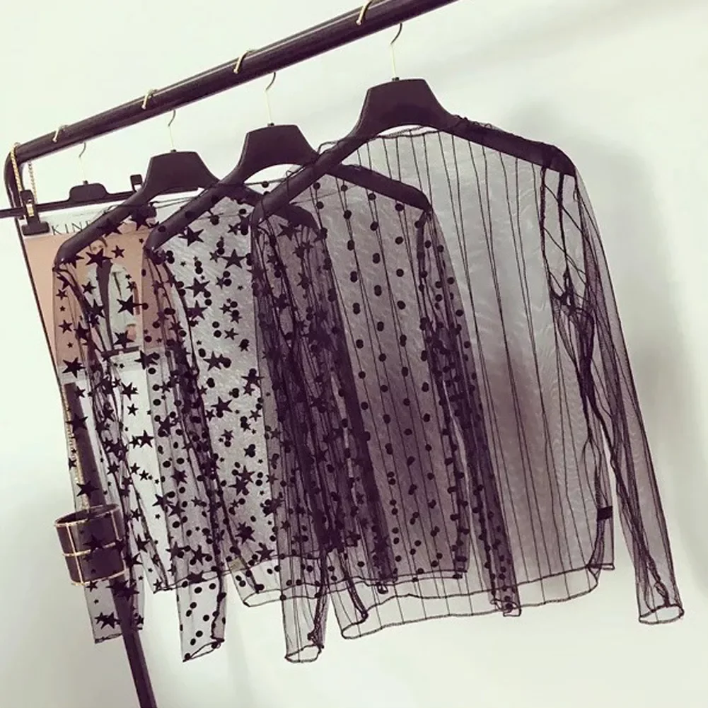 

Fashion Brand New Hot Sexy Long Sleeve See Through Mesh Fishnet Casual Top Tee Shirt Sheer Black Lace Star Dots Tops Women 2022