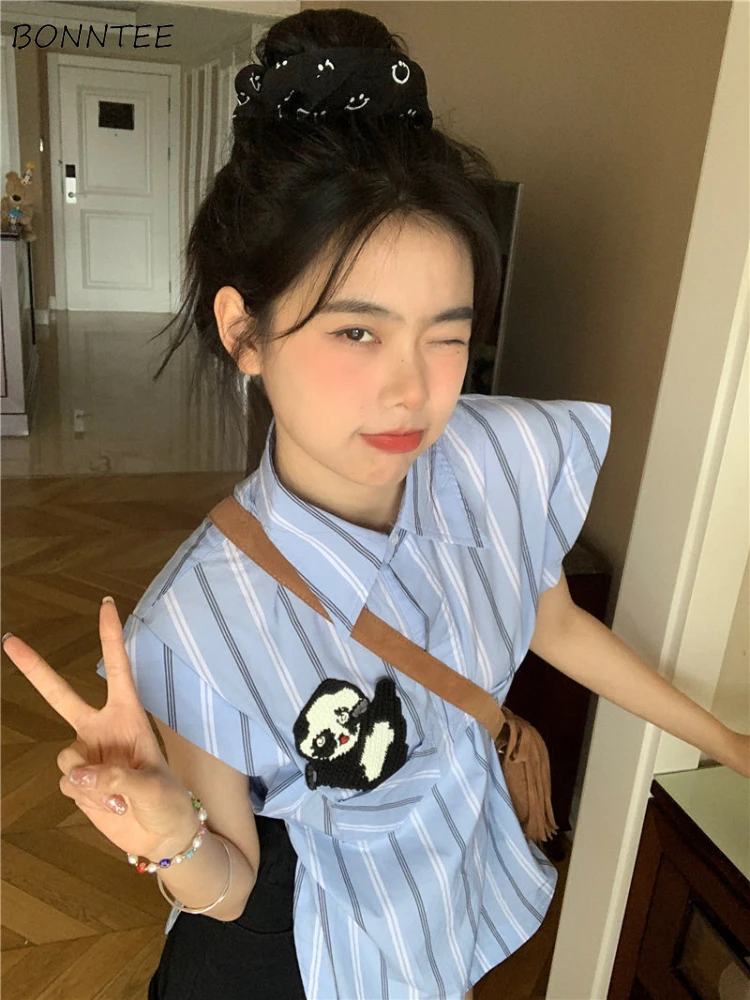 

Cute Panda Blue Striped Shirts Women Sleeveless Summer Preppy Sweet Korean Style Harajuku Elegant Stylish Aesthetic Street Tops