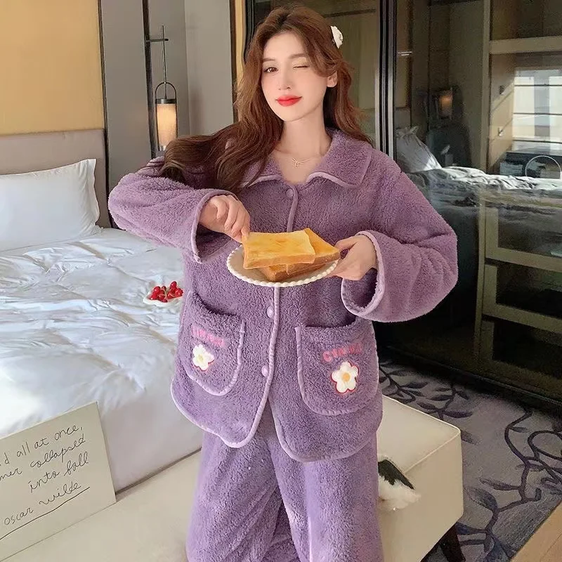 2023 New Pajama Sets Women Winter Flannel Pyjamas Thick Warm Long Sleeve Female Home Clothes Pijamas