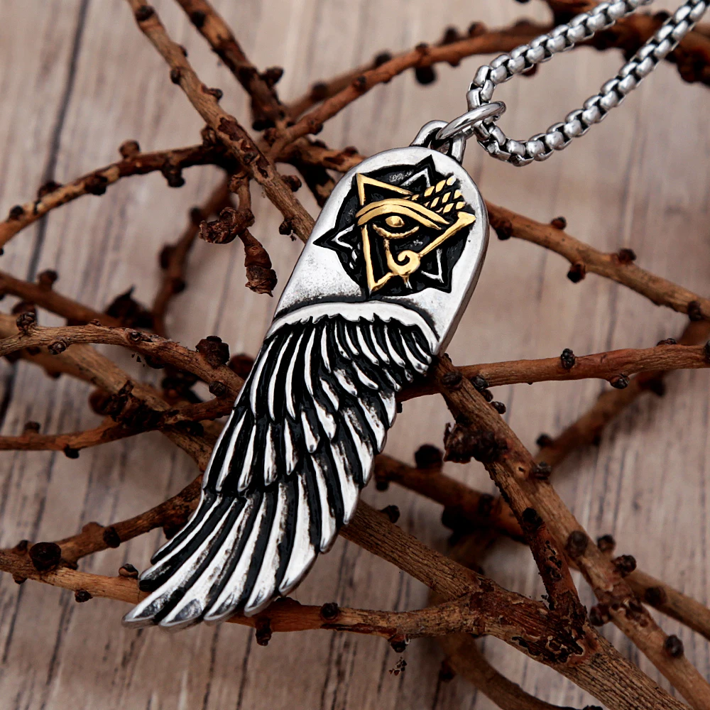 

Vintage Unique Eye Of Horus Silver Mens Pendant Stainless Steel Wing Amulet Biker Necklace Fashion Jewelry Gift Wholesale