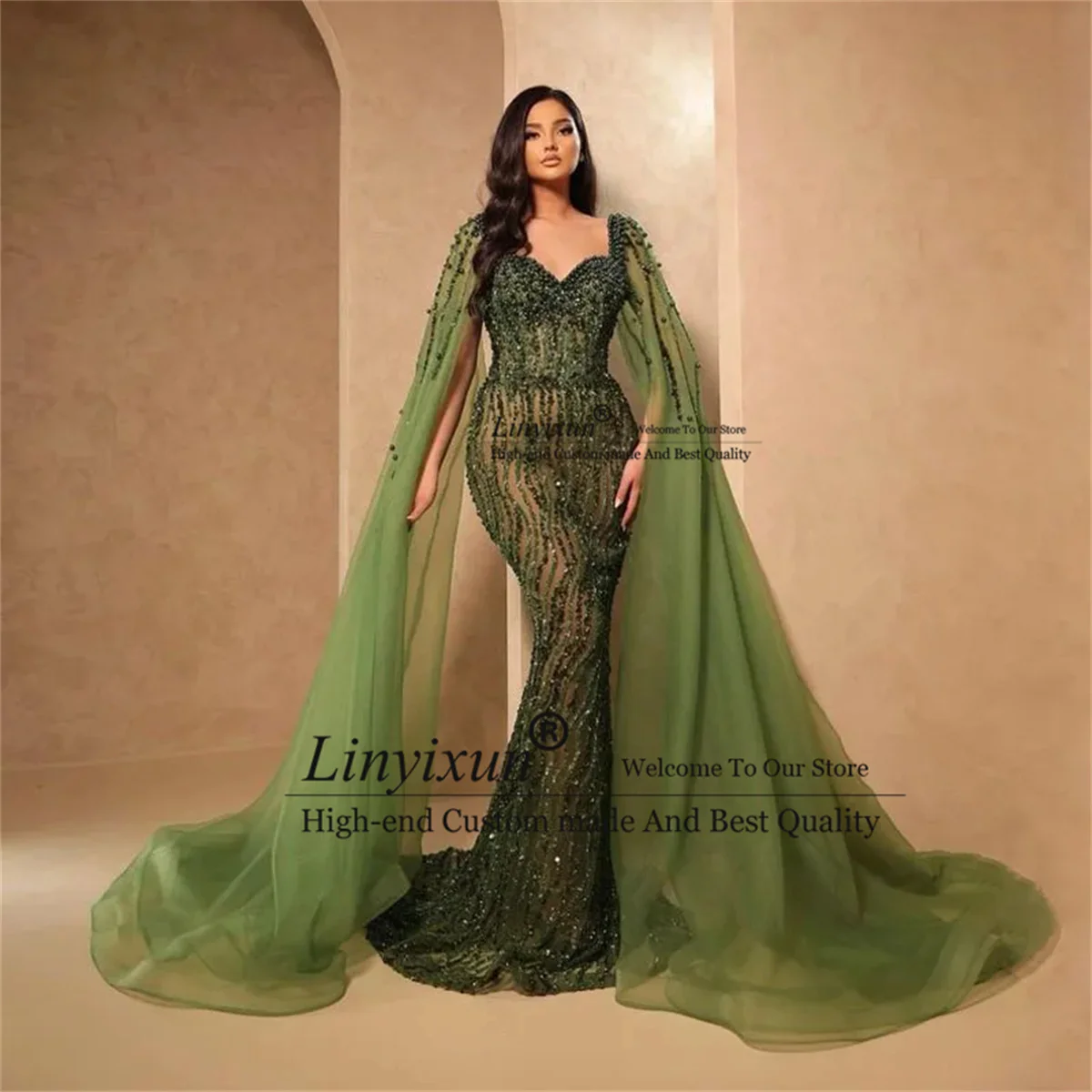 

Платье Русалка для выпускного вечера оливково-зеленого цвета с бусинами, платье ручной работы, официальное платье из арабского Дубая для торжественных случаев, элегантные вечерние платья