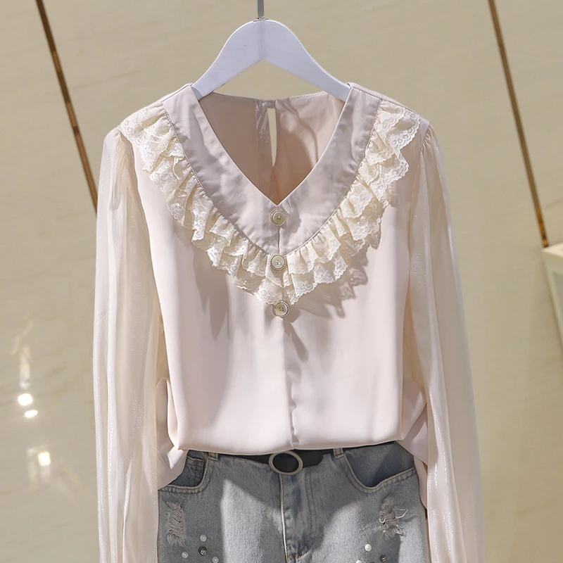 

Pink Chiffon Women Blouse Summer New Design 2022 Ruffles Long-Sleeved Elegant Office Lady Pulls Outwear Tops