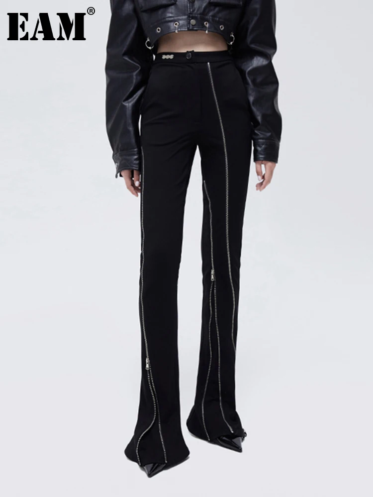 

[EAM] High Waist Black Zipper Irregular Long Flare Trousers New Loose Fit Pants Women Fashion Tide Spring Autumn 2022 1DE8635