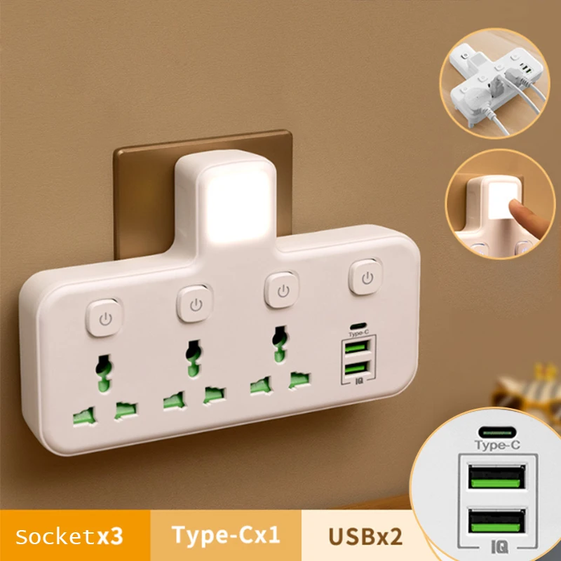 

Night Light Wall Power Adapter Socket 2USB Type-C Charger Port Individual Switch Control 3 Ways Universal Socket for Home Office