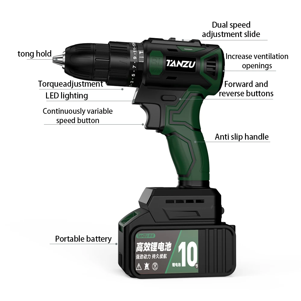 Brushless Electric Drill Impact Cordless Driller 12V/21V Screwdriver Li-ion Battery Adjustable Speed Electric Power Tool TANZU 5
