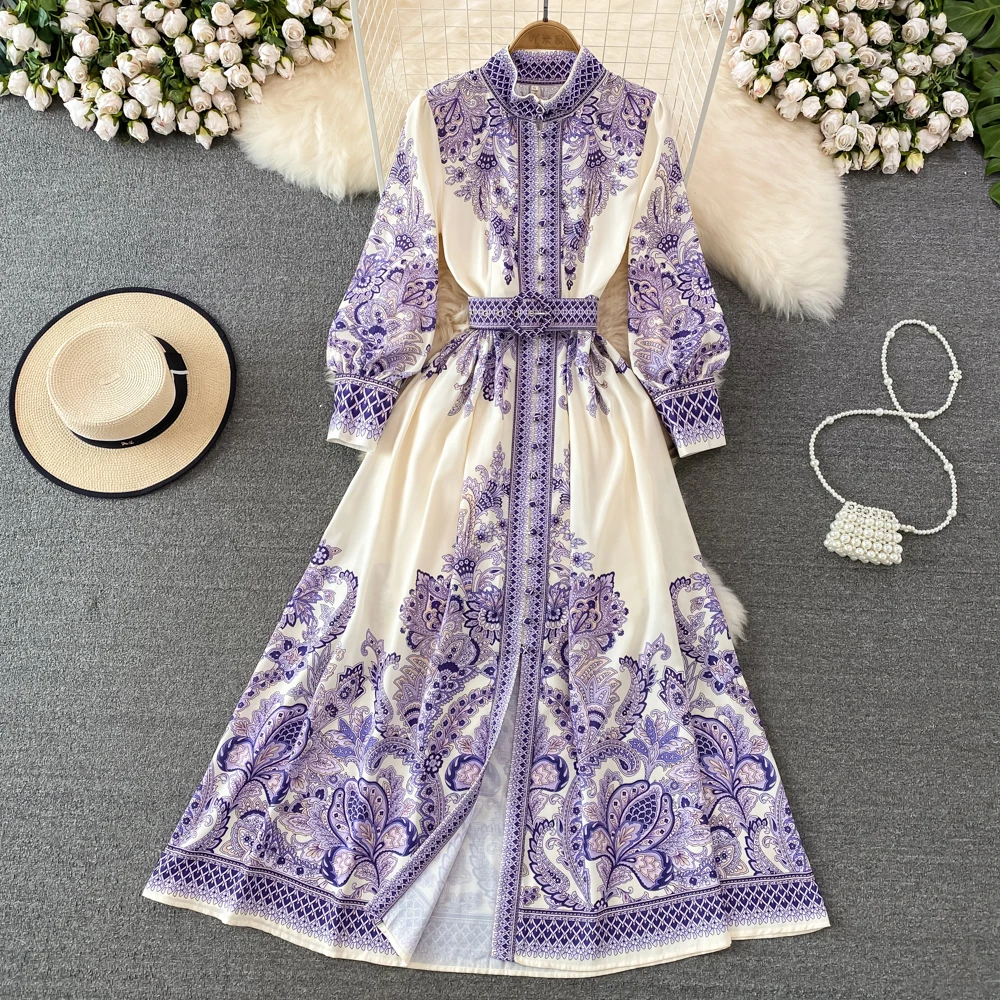 Spring Retro Palace Style Long-sleeved Stand-up Collar Single-breasted Positioning Printed Dress