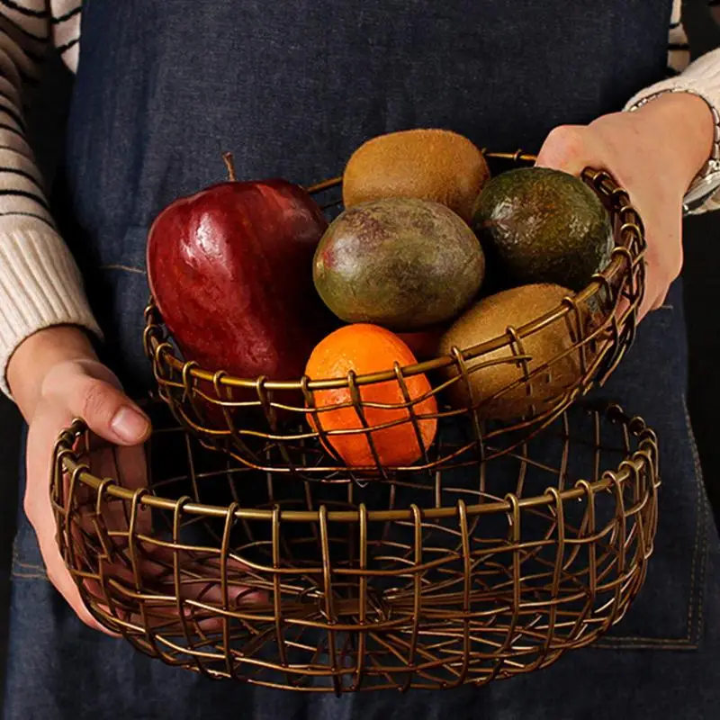 

Nordic Retro Bronze Hand-woven Food Storage Basket Desktop Metal Fruit Basket Kitchen Eggs Baking Bread Dessert Holder Organizer