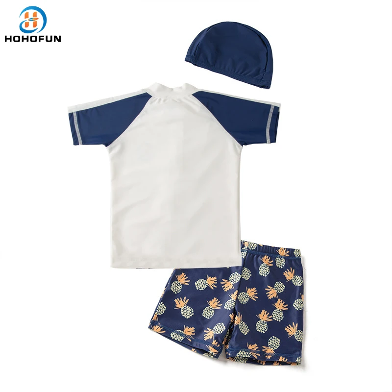 Swimsuit for Children Zipper Up Bathing Suit Kids 3 Pcs Pineapple Print White Swimming Suit for Boys Pool Beach Toddler Swimwear