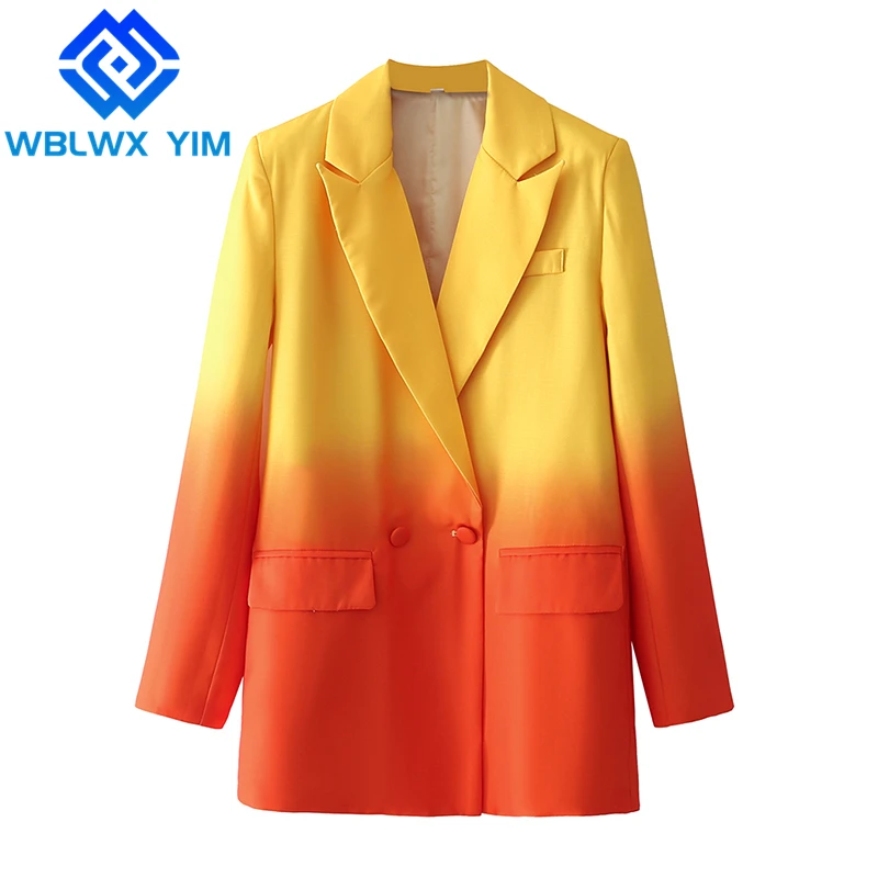 

Spring Autumn Casual Blazer Jacket Women Double Breasted Pocket Fashion Gradient Suit Jacket Female High Quality Blazers Coat