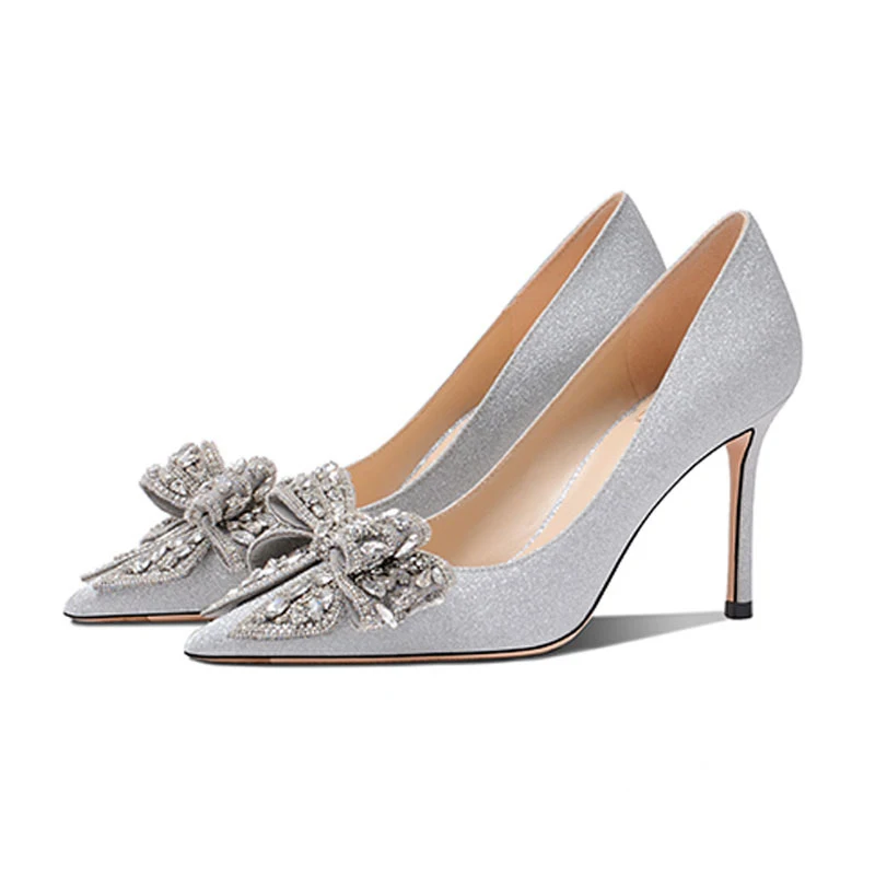

2022 New Autumn Silver Glitter 9CM Sexy Pointed Stiletto High-heeled Bow Party Dress Pumps Luxury Rhinestone Wedding Shoes