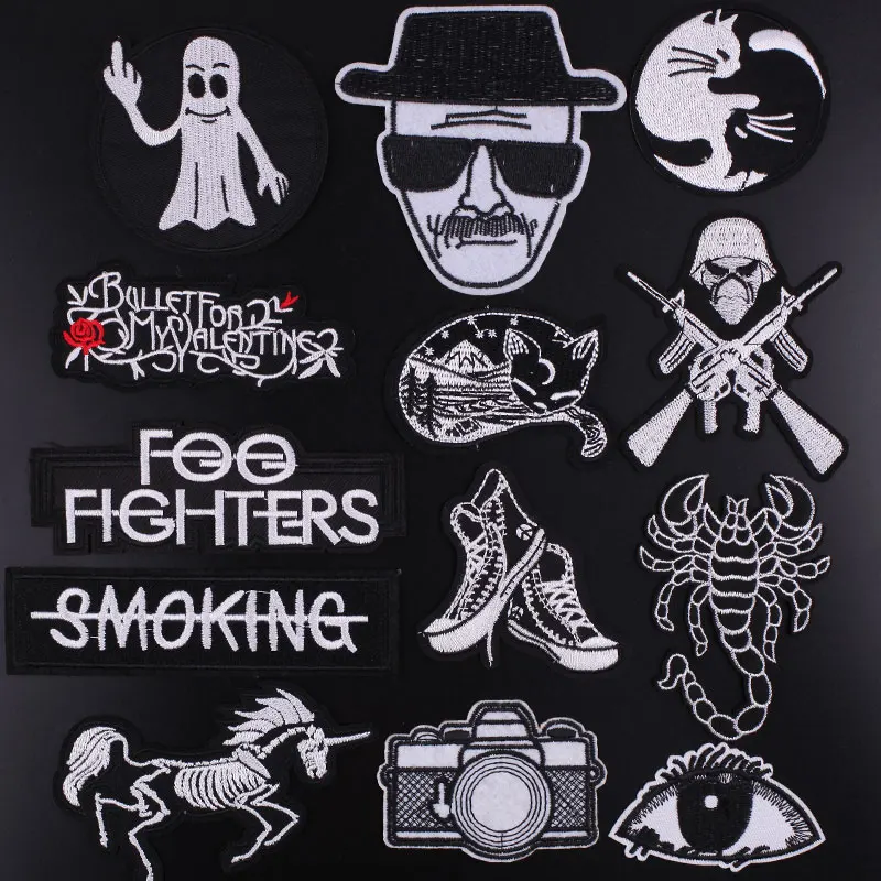 Black White Letter Patches Iron on Rock Band Embroidered Patches for Clothing Hippie Skull Cat Eyes Fashion Man Patch Stickers