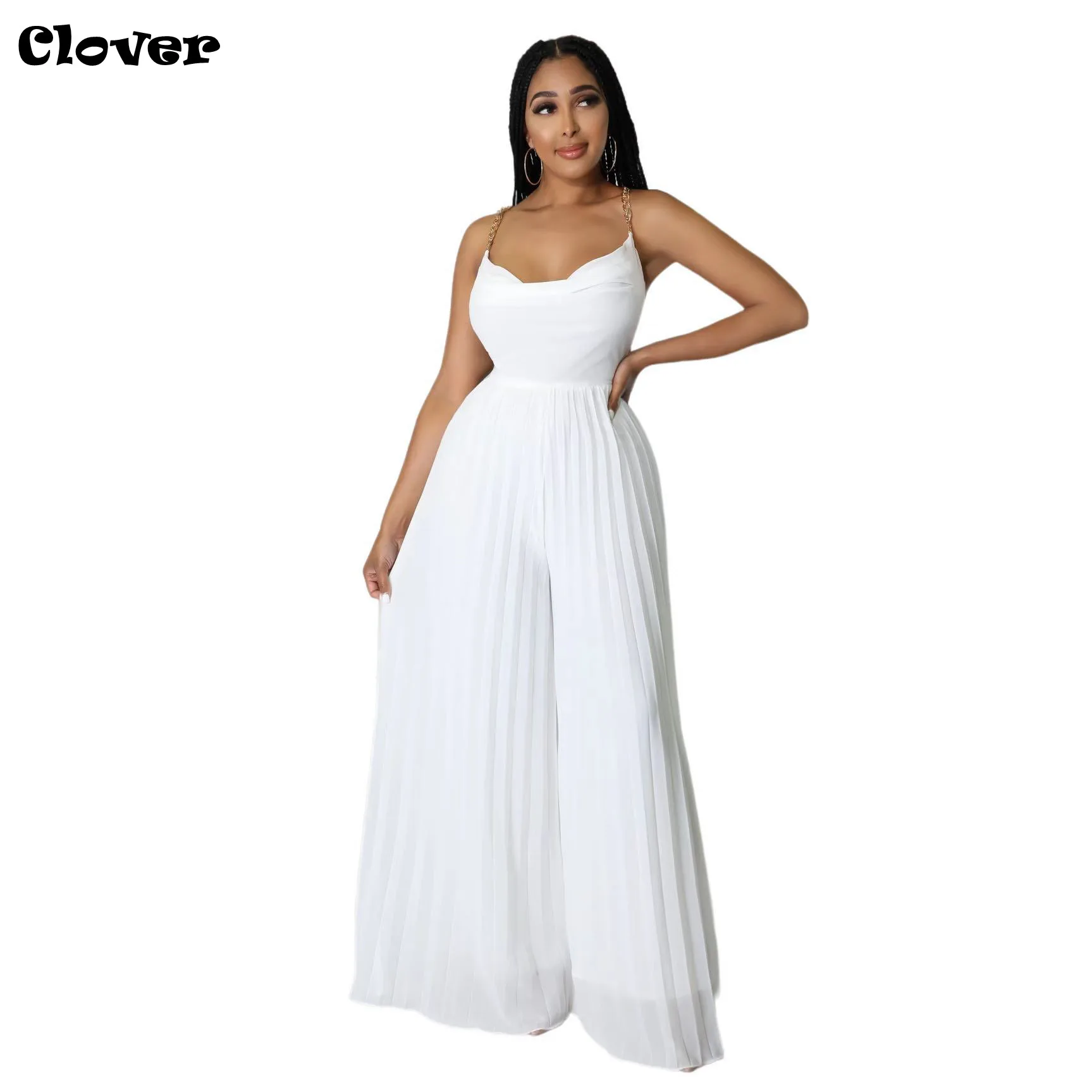 

Chiclover Elegant Solid Color Summer Halter Women Jumpsuits Sexy Backless Pleated Fashion Wide Leg Pants Rompers Dropshipping