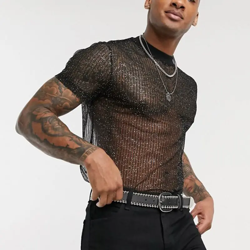 

Men's Sexy Men's T-shirt Mesh Perspective Thin Breathable Fashion Nightclub Party Bottoms Fashion