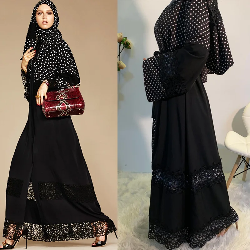 

Mandylandy Black Lace Cardigan Kimono Hijab Stitching Polka Dot Turkish Islamic Cardigan Muslim Abaya Ramadan Kaftan Dresses
