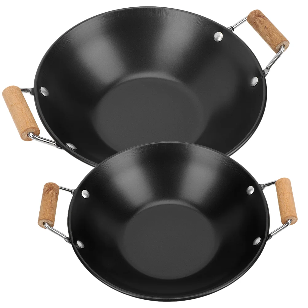 

2 Pcs Stainless Steel Griddle Non Stick Pan Lid Kitchen Hot Pot Small Double Handle Cooking Wooden Thickened Dry Individual