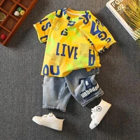 babys boys clothes two piece fashion letter printing sports top t shirt distressed jeans five point pants quality child clothing