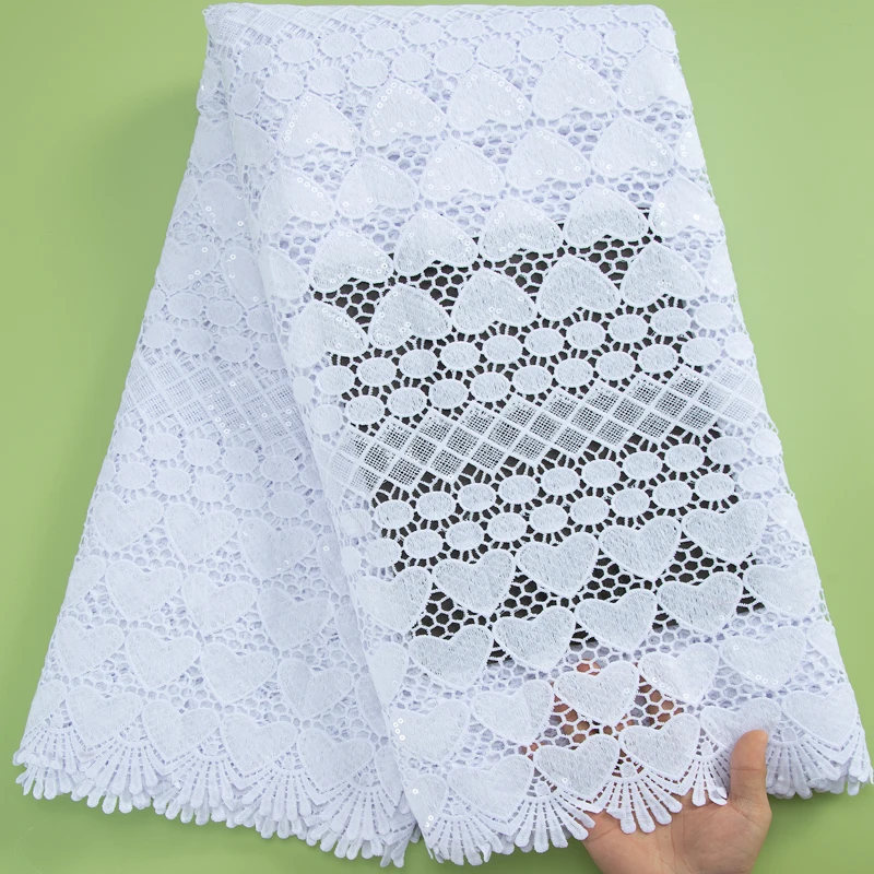 

African Guipure Lace Fabric 2023 5 Yard White Sequence Cord Lace Fabric With Sequins Nigerian Fabric For Women Party Dress A3142