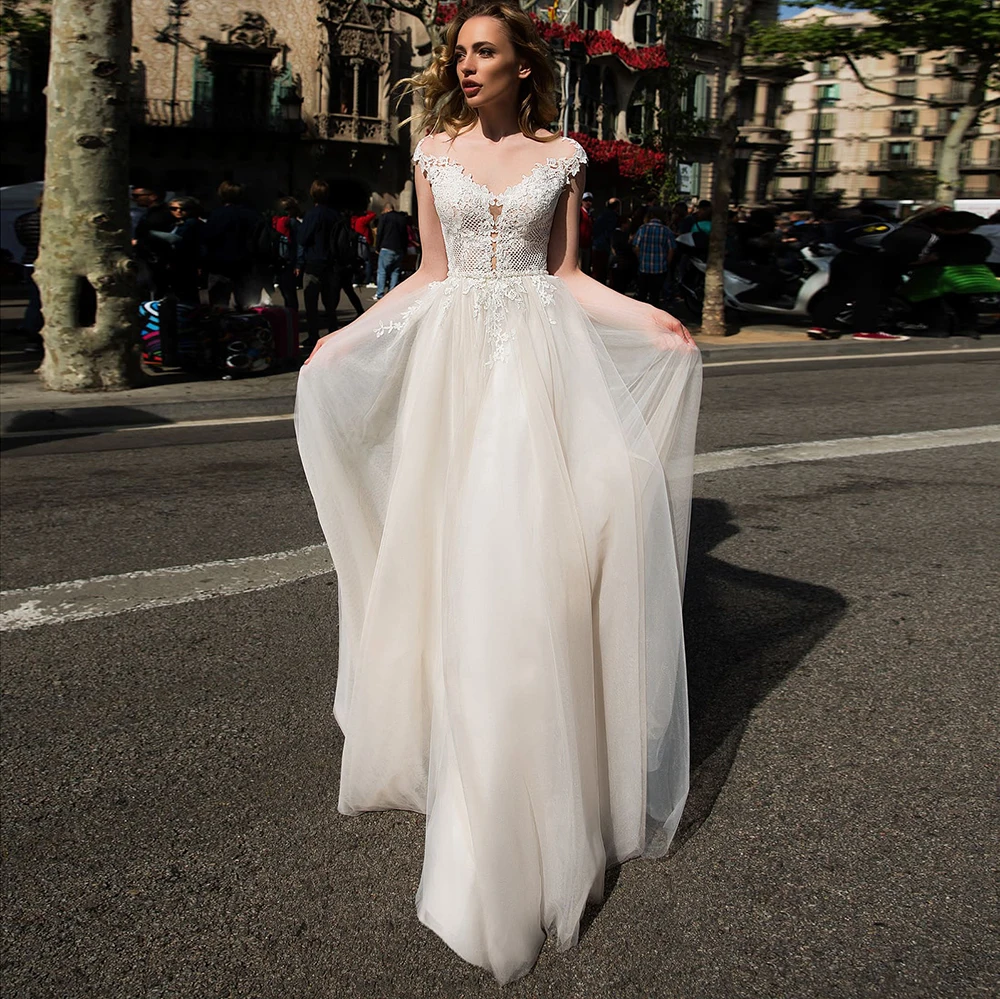 

13684#Boat Neck Bohemian Cap Sleeves Vintage Sweep Train Soft Tulle Lace Applique A-Line Illusion Back Wedding Dress Bridal Gown