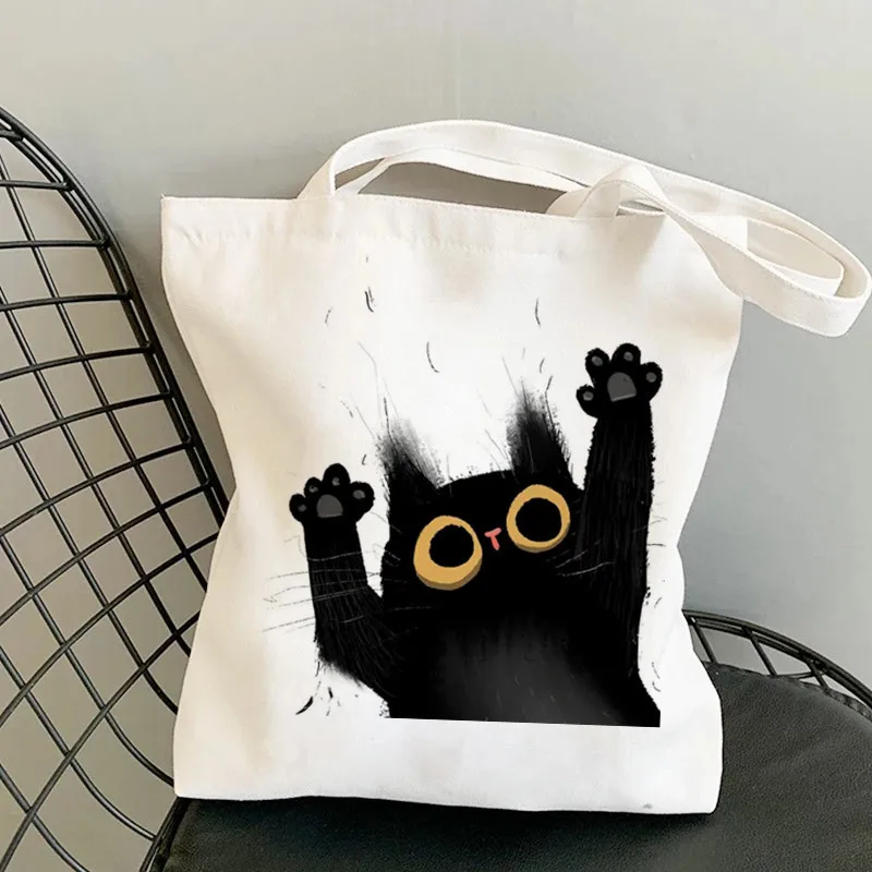 

Beach Tote Canvas Shoulder Bag Shoppers Bags Animal Cat Reusable Summer Eco Hand Bag 2021 New Aesthetic Cute Harajuku School Bag
