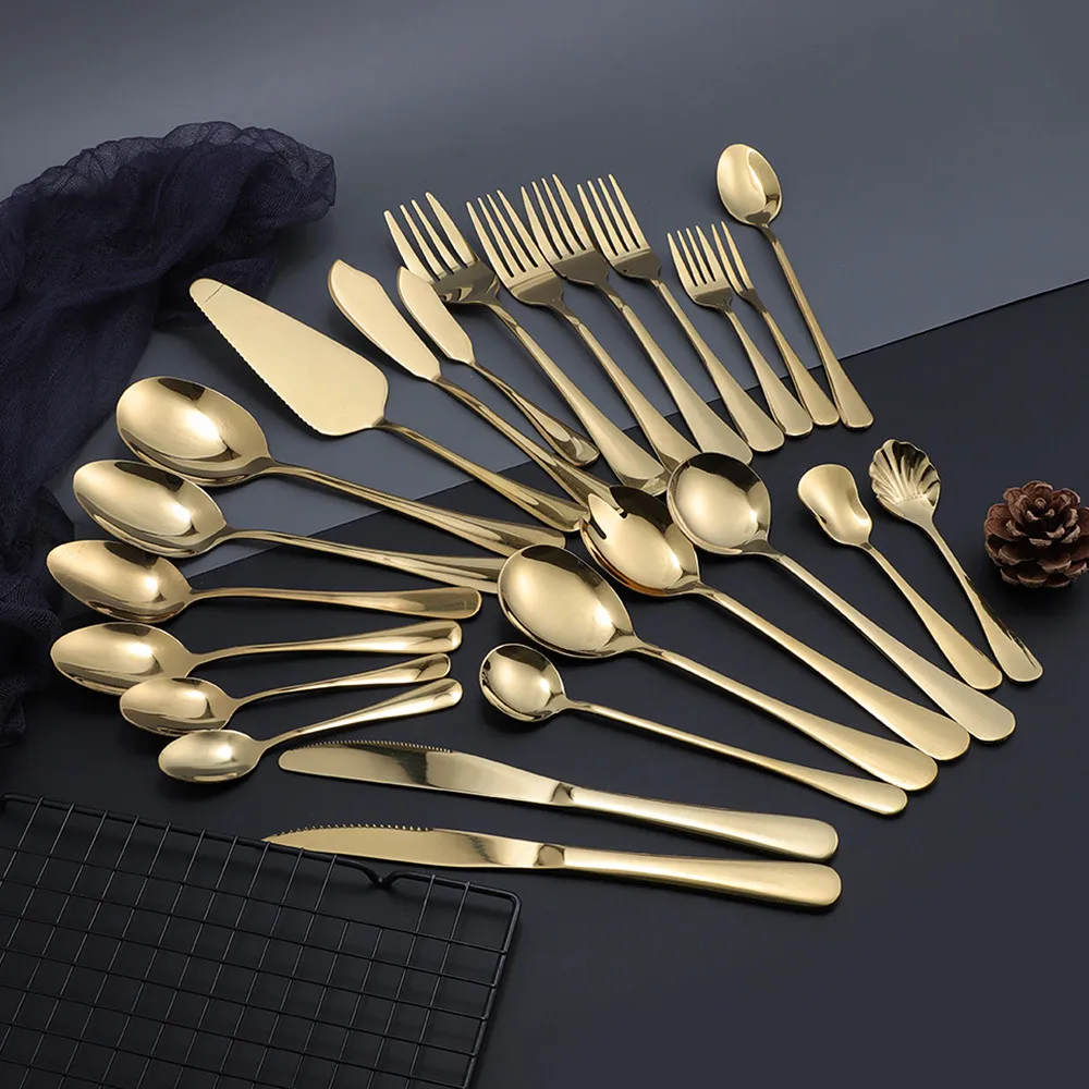 

Gold Dinner Dessert Salad Spoon Fork Knife Set Dinnerware Flatware Golden Cutlery Kitchen Tableware Stainless Steel Cutlery Set