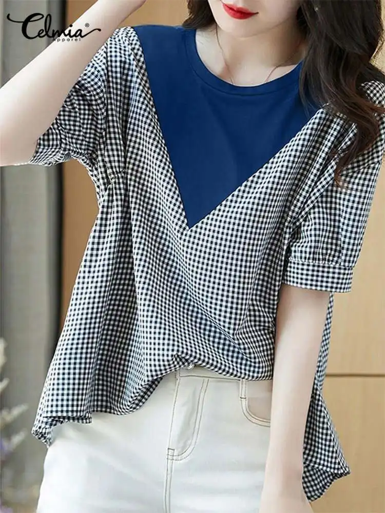 

Celmia Women Plaid Blouses Stylish Office Lady Color Blocking Shirt Korean Style O Neck Half Sleeve Tops Casual Femme Chemise