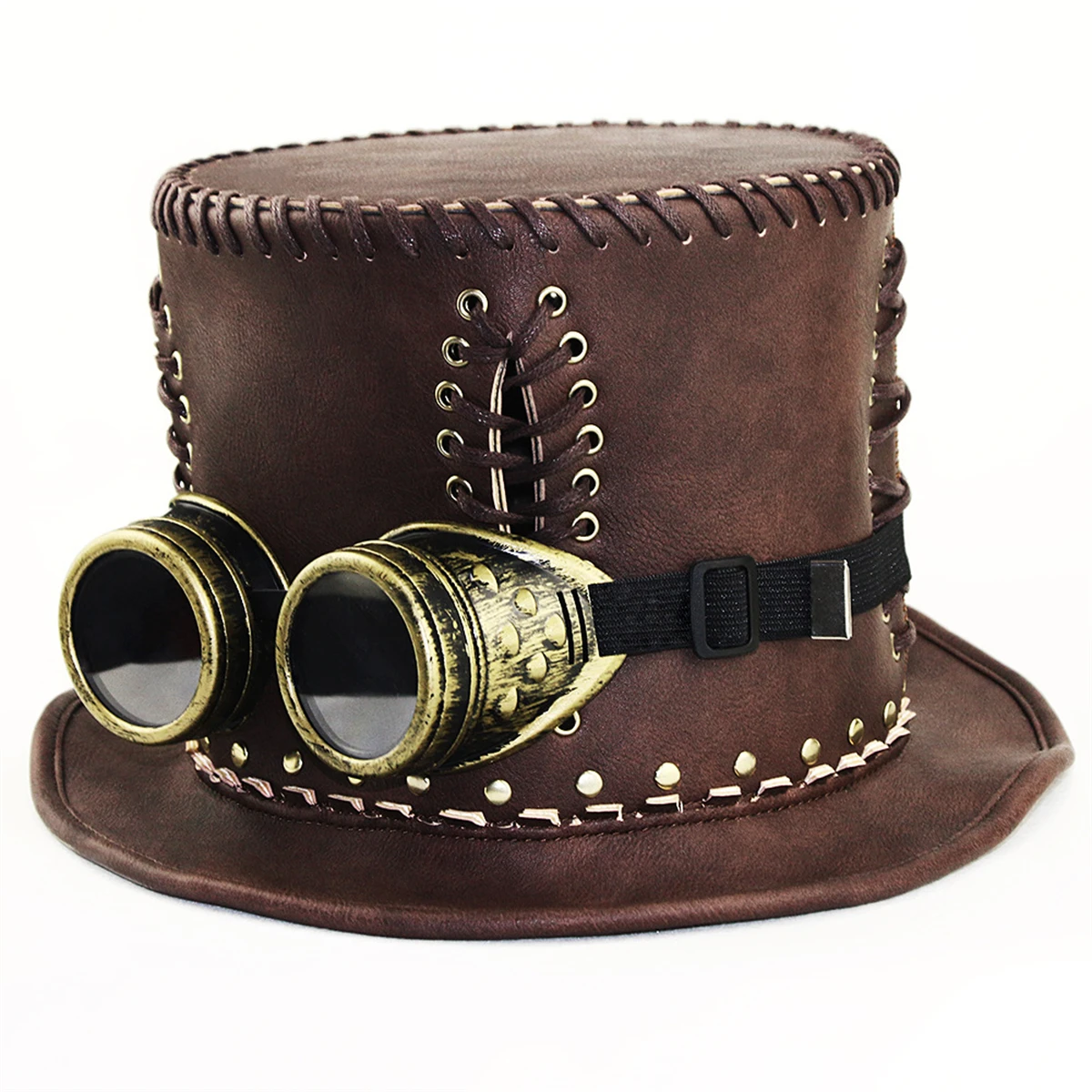 

Women Men Top Hat Faux Leather Halloween Steampunk Cosplay Vintage with Goggles