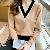 womens elegant v neck long sleeve sweater autumn winter vintage chic pullover knitting top lady basic jumper top
