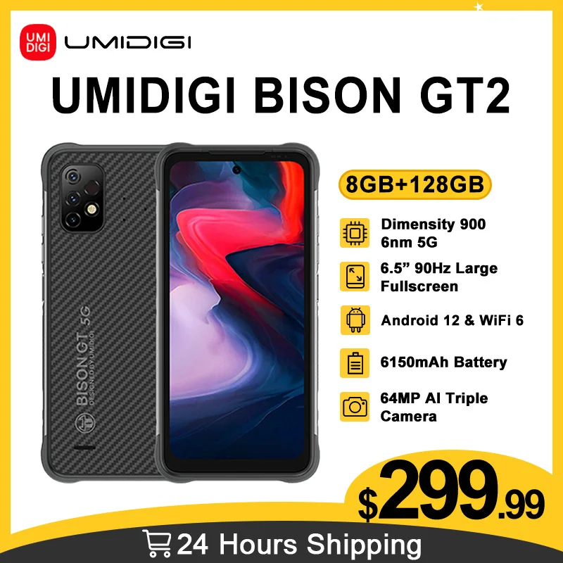 Смартфон UMIDIGI BISON GT2 5G 8 ГБ 128 NFC IP68 IP69K Android 12 6 5 дюймов FHD + 64 мп камера размеры 900 6150 мАч