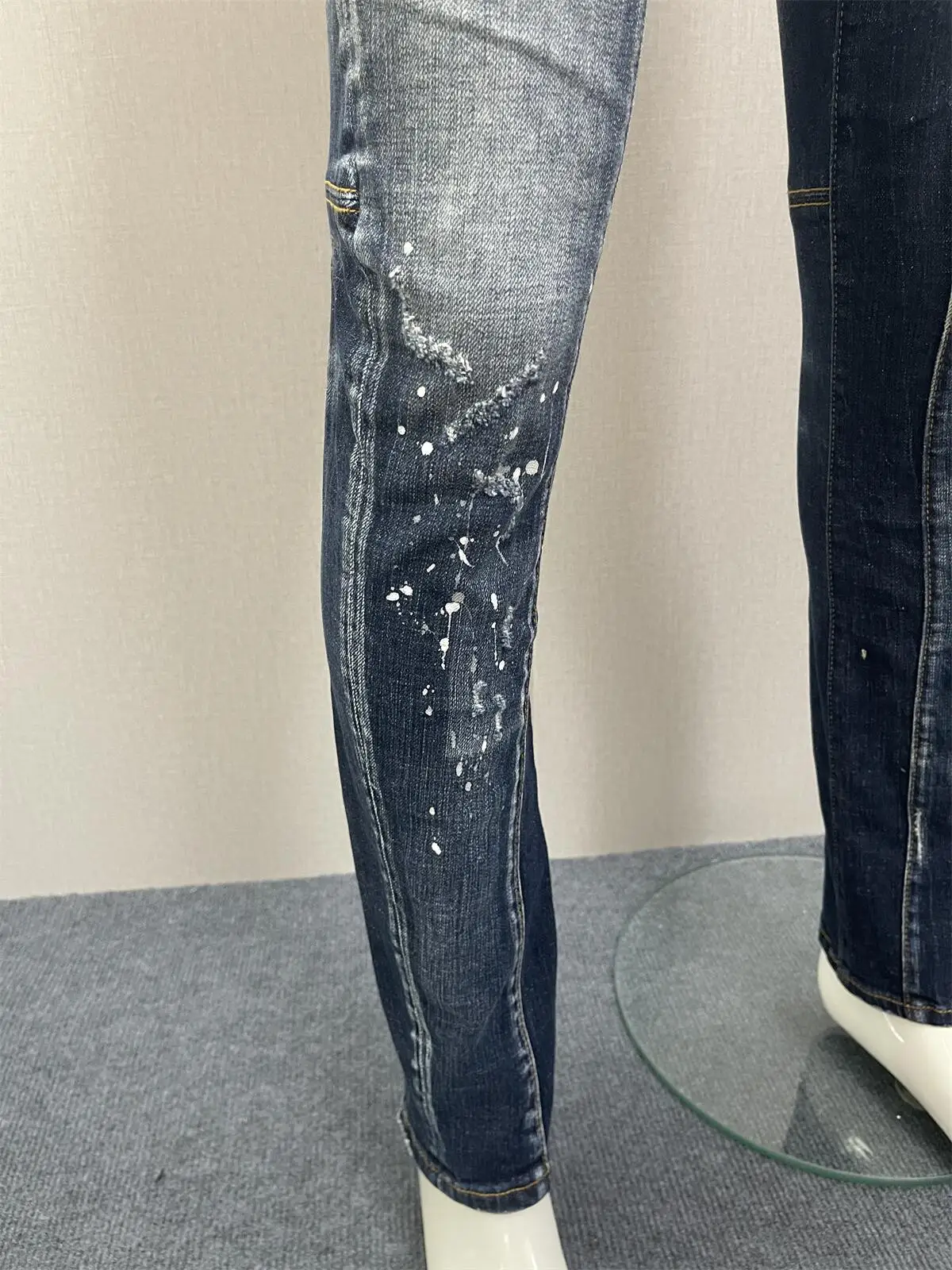 2023 Spring/Summer New  Jeans Fashion Men's Water Wash Worn Hole Patch Paint Speckled Ink Slim Fit Small Feet Blue Denim Pants