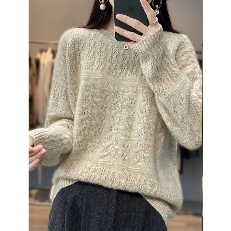 Fall/Winter 100% Pure Wool Sweater Casual Solid Knitwear Pull Thickened Round Neck Women's Top Overside Hollow Loose Pullover
