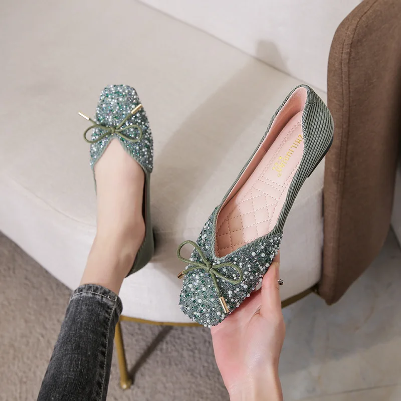 

Женские мокасины с жемчугом, кроссовки с бантом, блестящие туфли на плоской подошве, большой размер 43