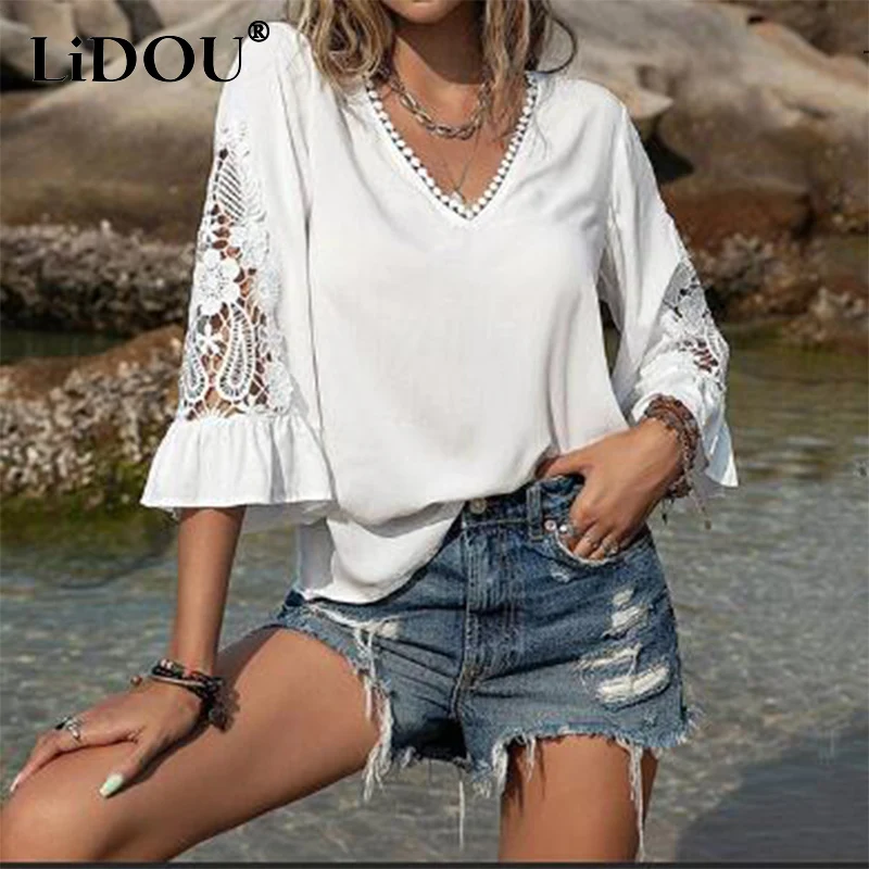 

Summer Fashion V-neck Lace Jaquard Hollow Out Pullovers Top Women Loose Casual Short Sleeve T-shirt Ladies Solid All-match Tee